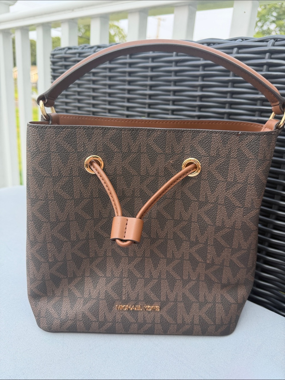 Michael Kors Brown and Tan Monogram Drawstring Bucket Bag